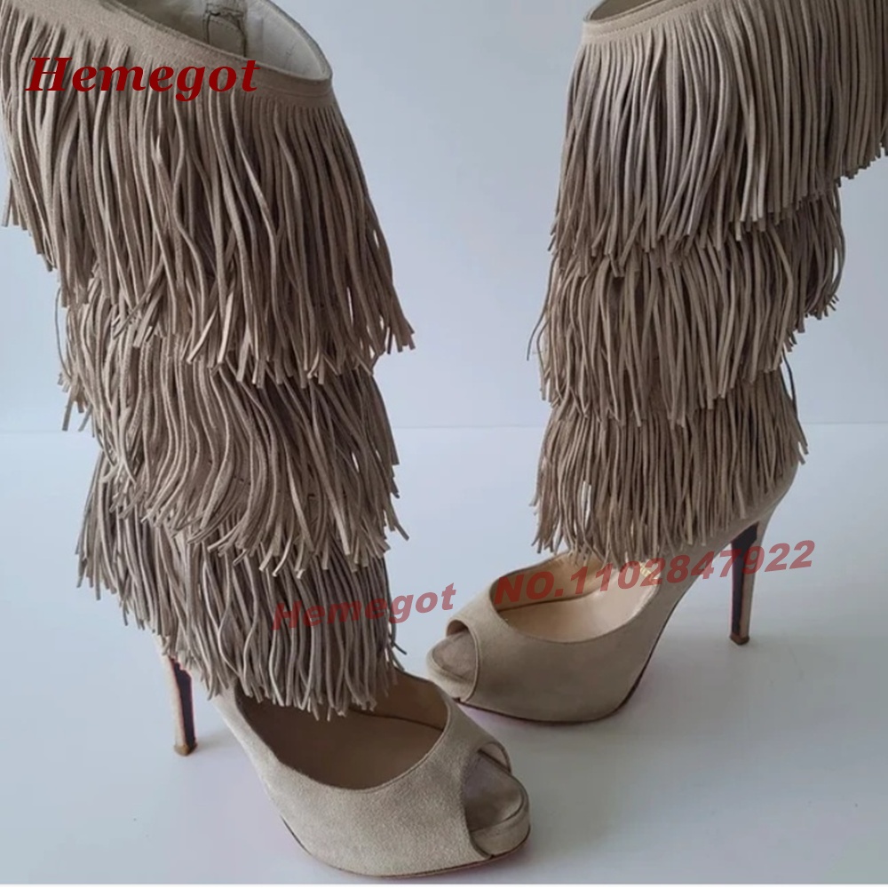 Tiered Fringe Peep‑Toe High He - Knee High Boots Women recension och pris