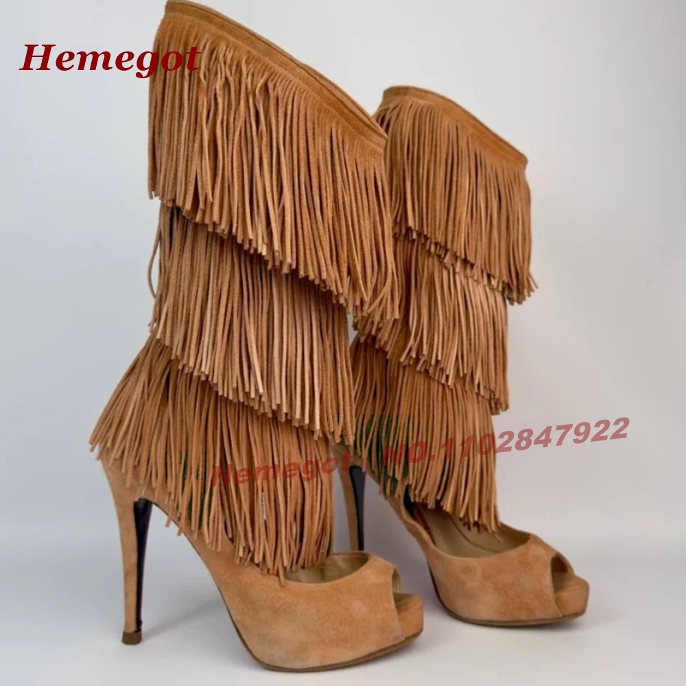 Tiered Fringe Peep‑Toe High He - Knee High Boots Women recension och pris