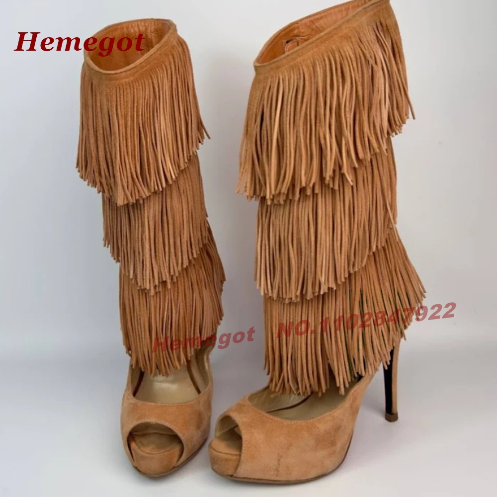 Tiered Fringe Peep‑Toe High He - Knee High Boots Women recension och pris