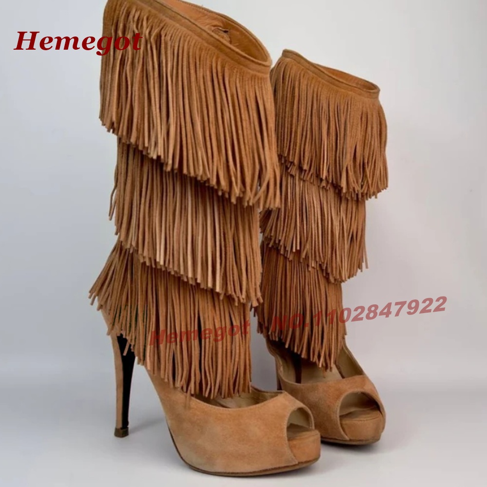 Tiered Fringe Peep‑Toe High He - Knee High Boots Women recension och pris